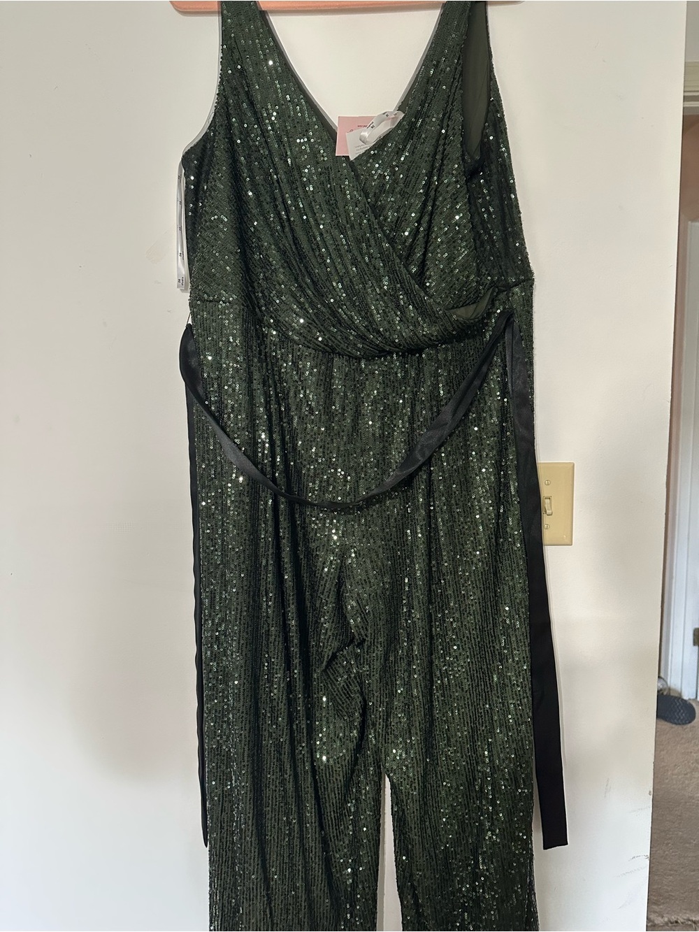 David's Bridal Emerald Green Sequin Wrap-Front Jumpsuit